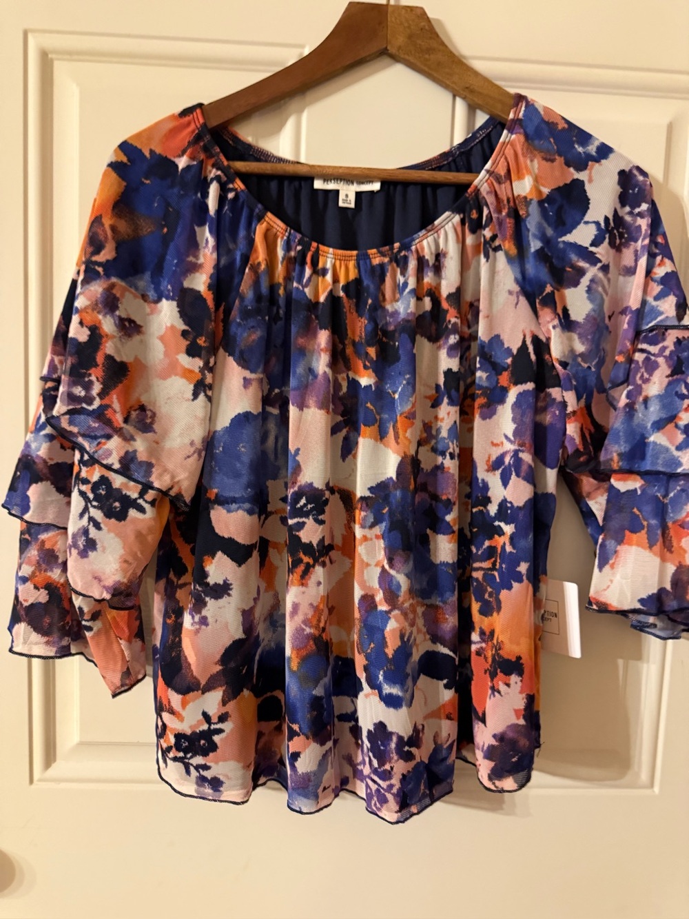 PerSeption Concept Navy, Peach & Pink Floral Ruffle-Sleeve Blouse